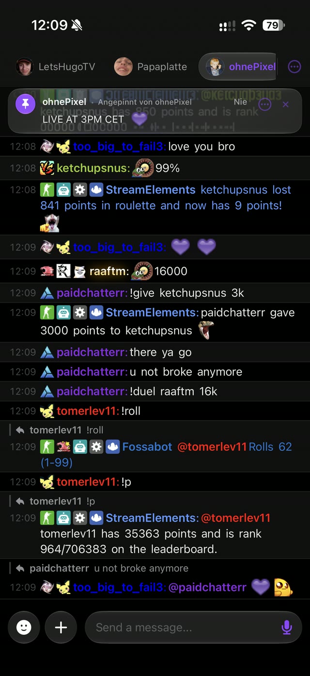 JilChat on iPhone showing Twitch chat with 7TV emotes, badges and multiple channels